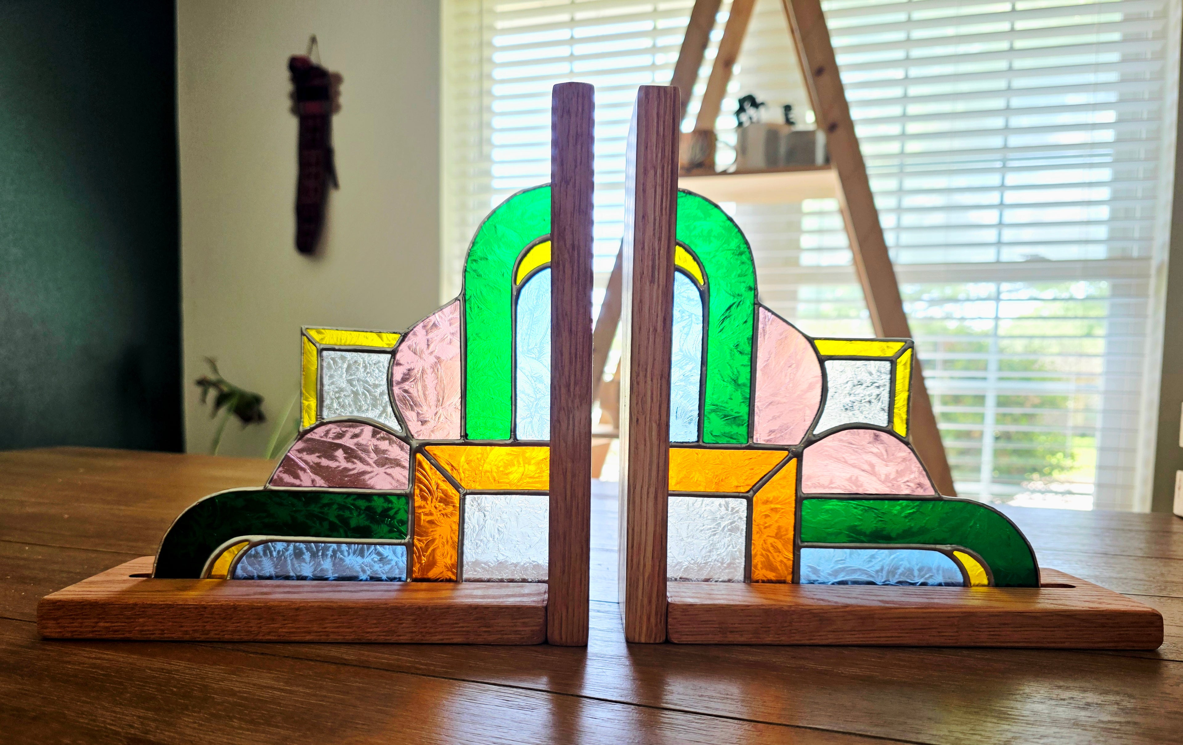 Art Deco Stained Glass Bookends - Multicolored