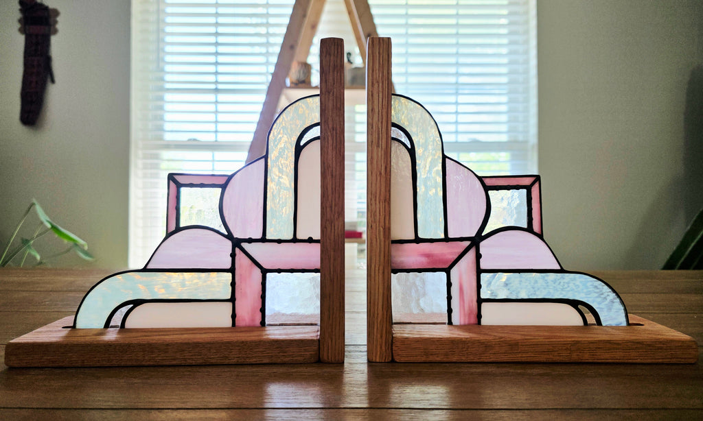Art Deco Stained Glass Bookends - Pink